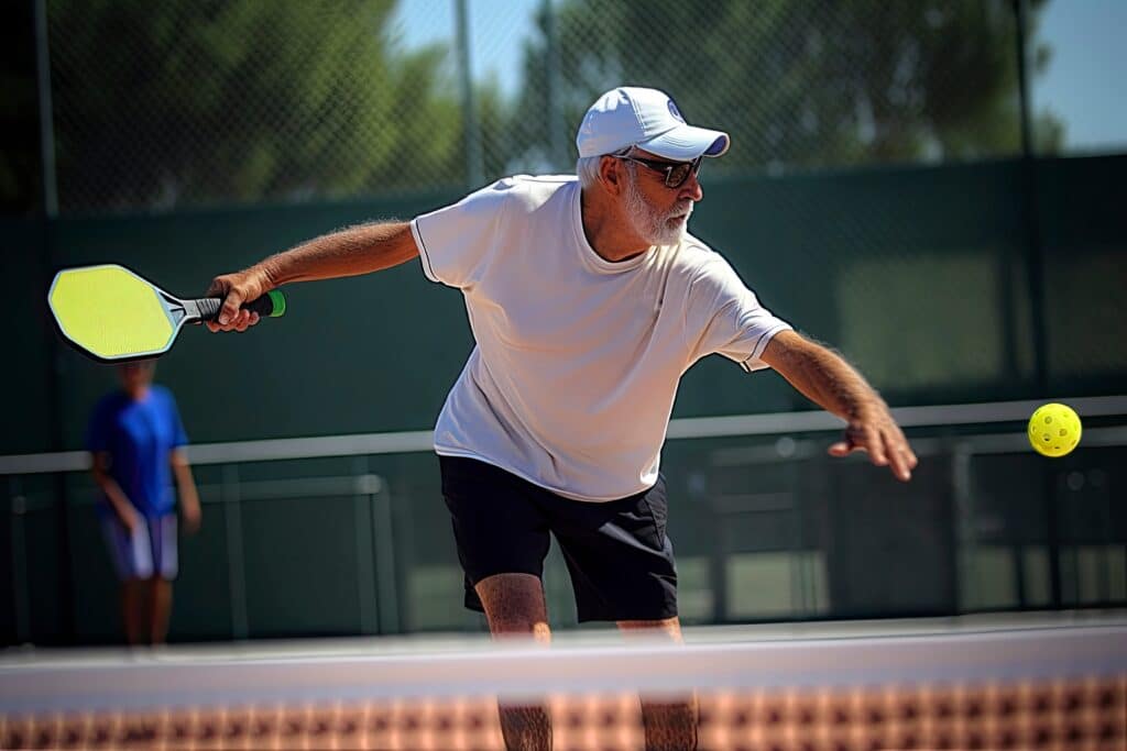 Pickleball vs. Tennis: a senior man lunges for a pickleball