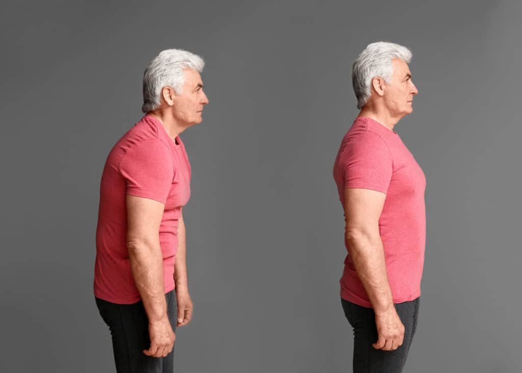 Core Exercises for Seniors: Dual image of a man with poor and then proper posture from a side view.