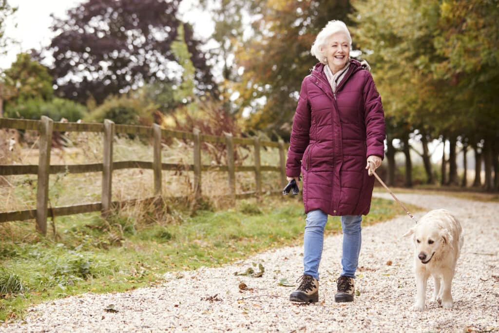 Why People Move Slower as they Age: a senior woman walks her dog in the autumn.