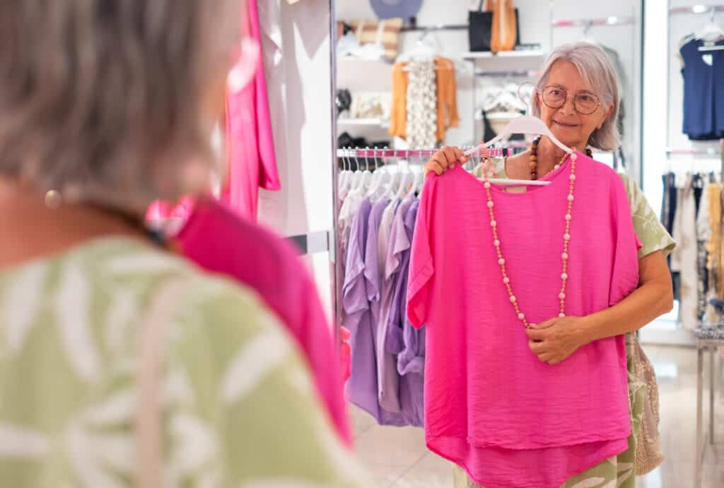 Dealing with the heat: a senior woman purchases loose fitting clothing for the summer months