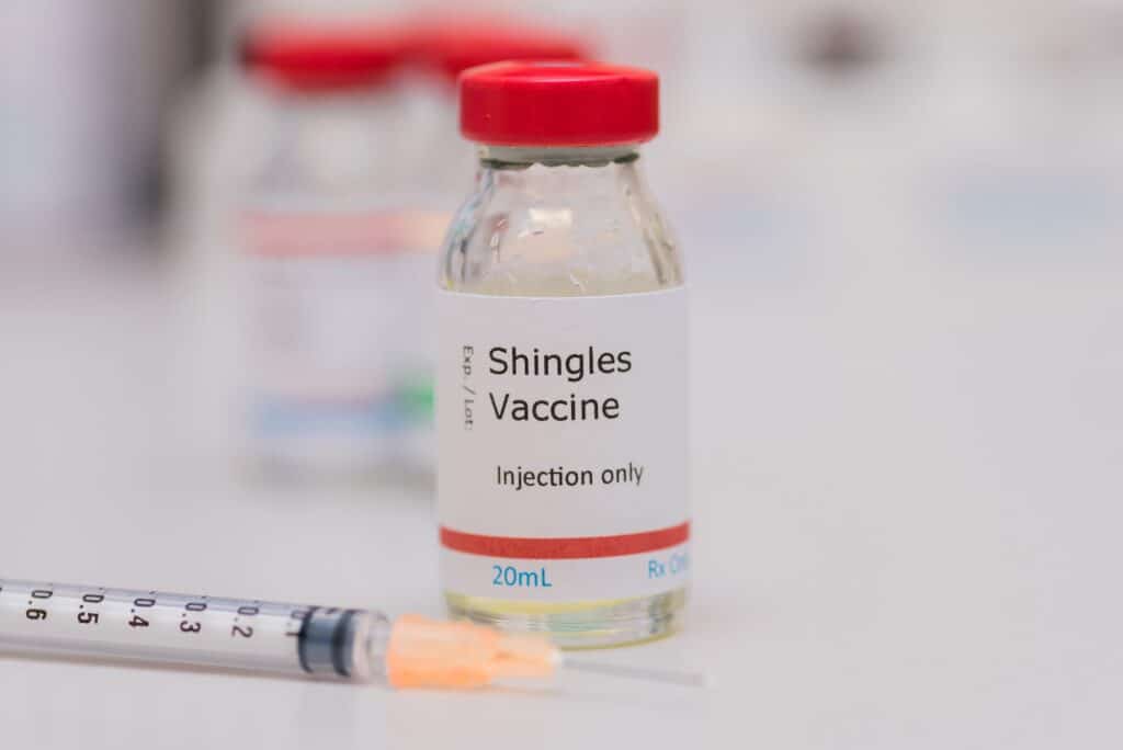 shingles vaccination concept, vaccine vial, shingles vaccine