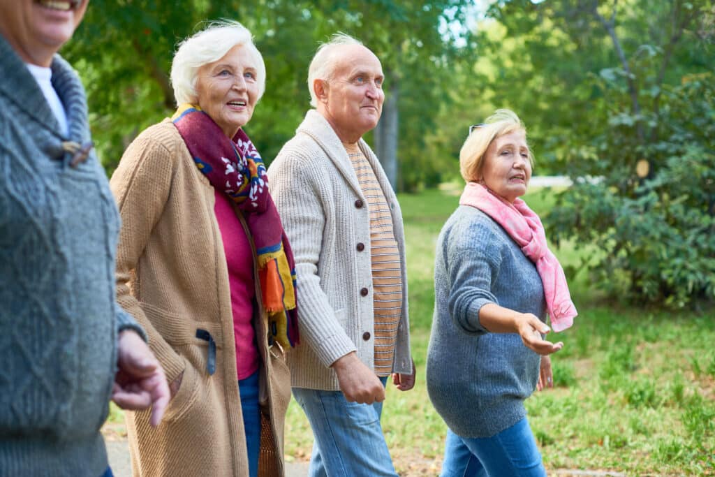 Senior couples walking together in the fall